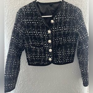 Women’s SHEIN Black And White Long Sleeve Button Up Cropped Blazer Jacket Sz S
